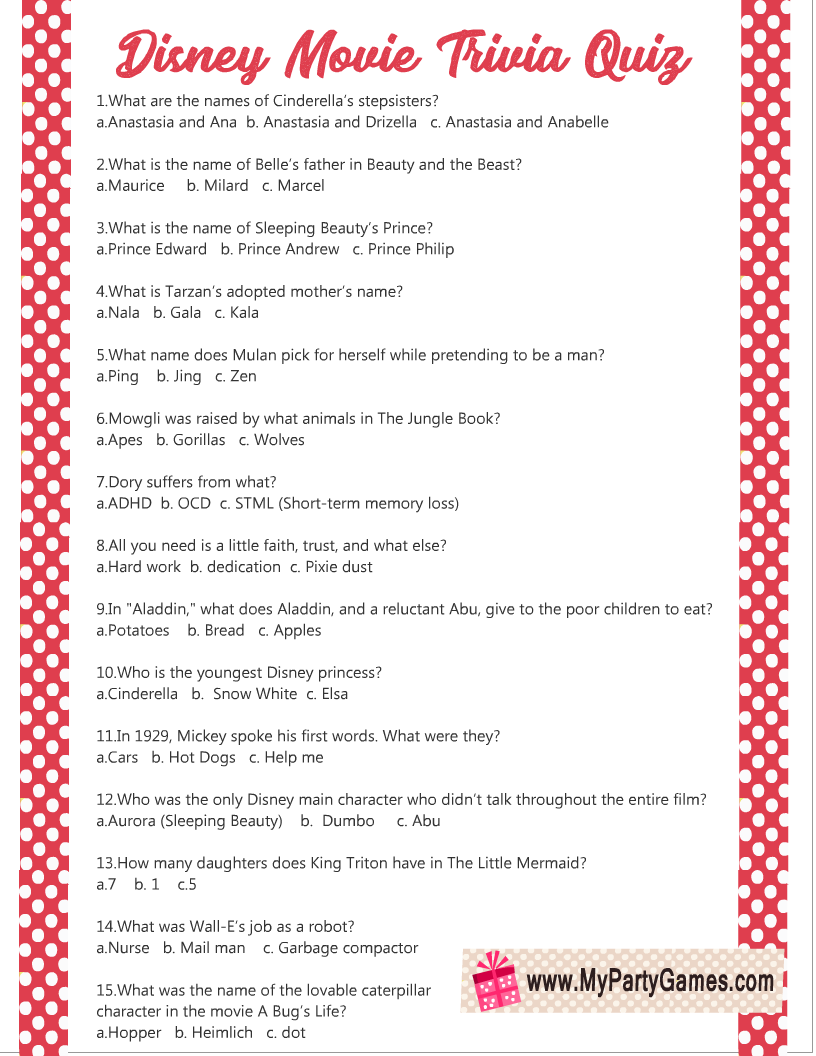 Disney Princess Trivia Quiz Questions FREE PRINTABLE Worksheets Library