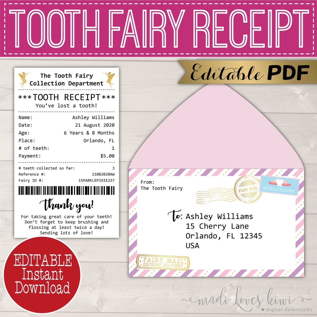 Editable Girl Tooth Fairy Receipt Printable Lost Letter PDF Template First Envelope Note Set Digital Instant Download From Pink Purple No Etsy Israel