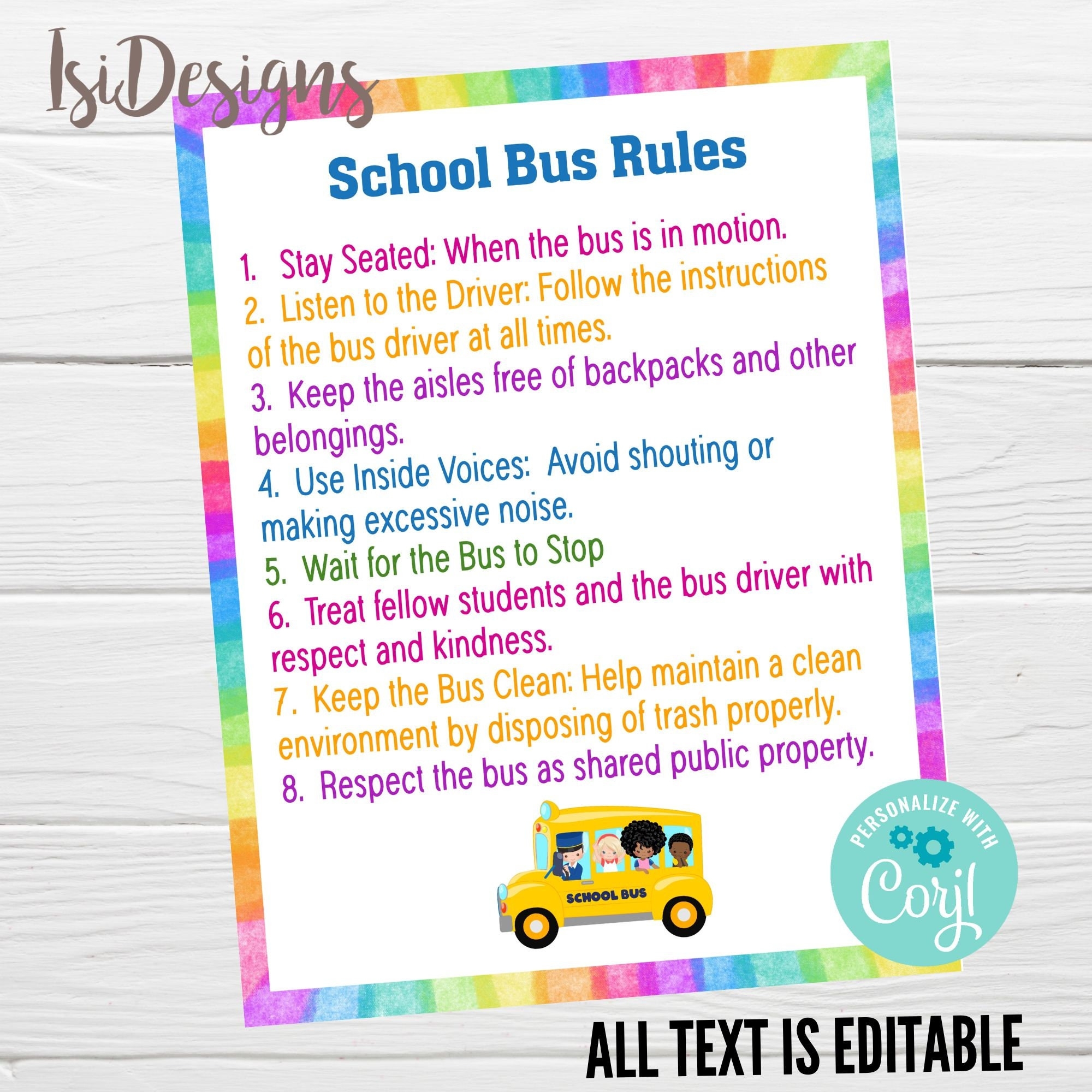 Editable School Bus Rules Personalized Safety Rules Back To School Printable Sign Instant Download Etsy