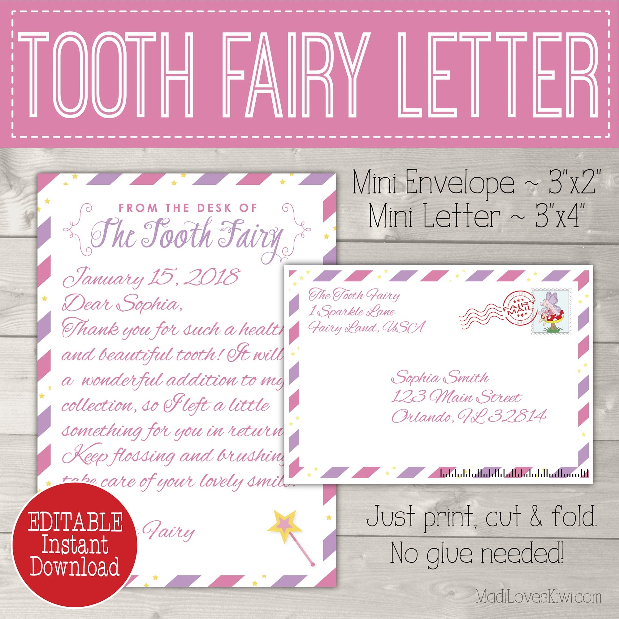 Editable Tooth Fairy Letter With Envelope Printable Pink Purple Stripes Madi Loves Kiwi Digital Downloads
