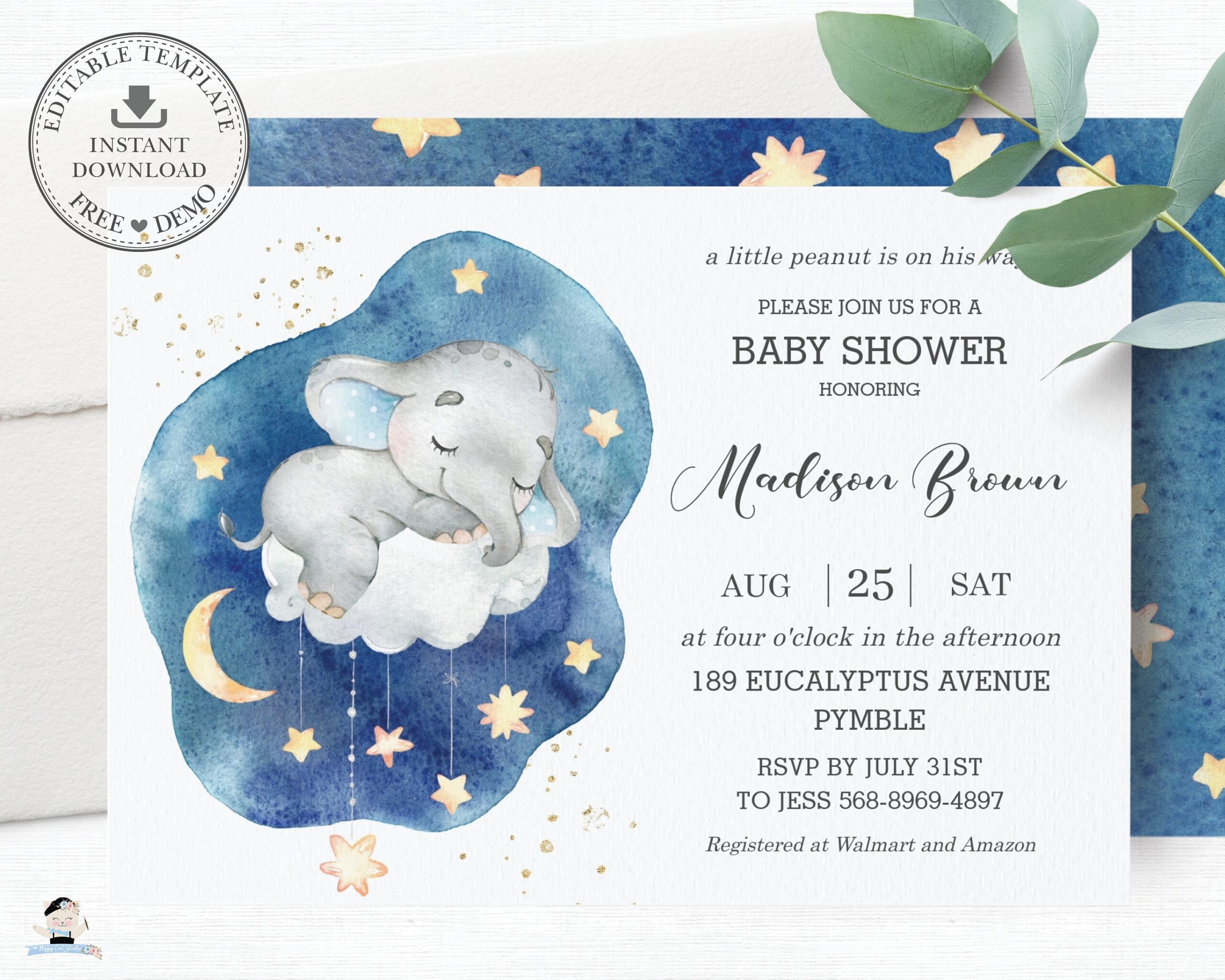 Elephant Baby Shower Invitation EDITABLE TEMPLATE Blue Boy Twinkle Little Stars Moon Invite Sleeping Sleepy Printable INSTANT Download EP12 Etsy UK