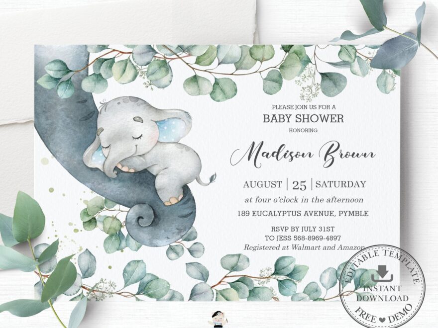 Elephant Baby Shower Invitation EDITABLE TEMPLATE Rustic Eucalyptus Greenery Leafy Invite Boy Sprinkle Printable INSTANT Download EP10 Etsy