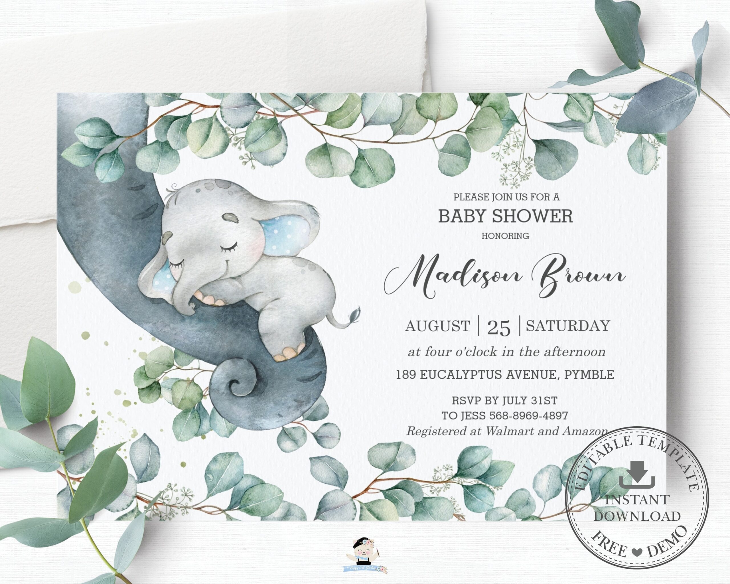 Elephant Baby Shower Invitation EDITABLE TEMPLATE Rustic Eucalyptus Greenery Leafy Invite Boy Sprinkle Printable INSTANT Download EP10 Etsy