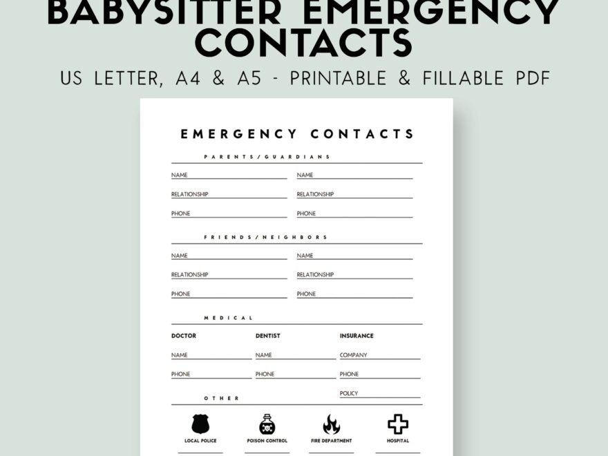Emergency Contact Info Printable Emergency Contact List Emergency Contact Form Babysitter Guide Printable Emergency Contact Info Etsy