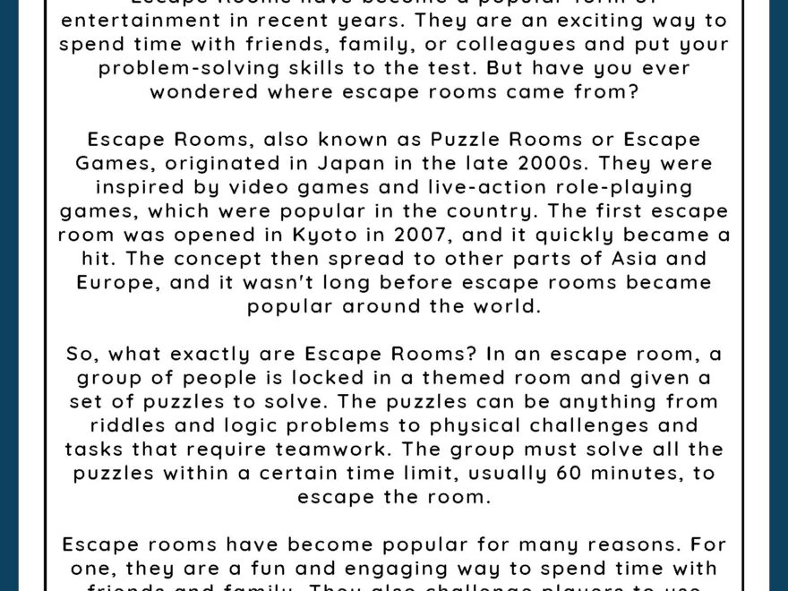 Escape Rooms Reading Comprehension Worksheet Games4esl