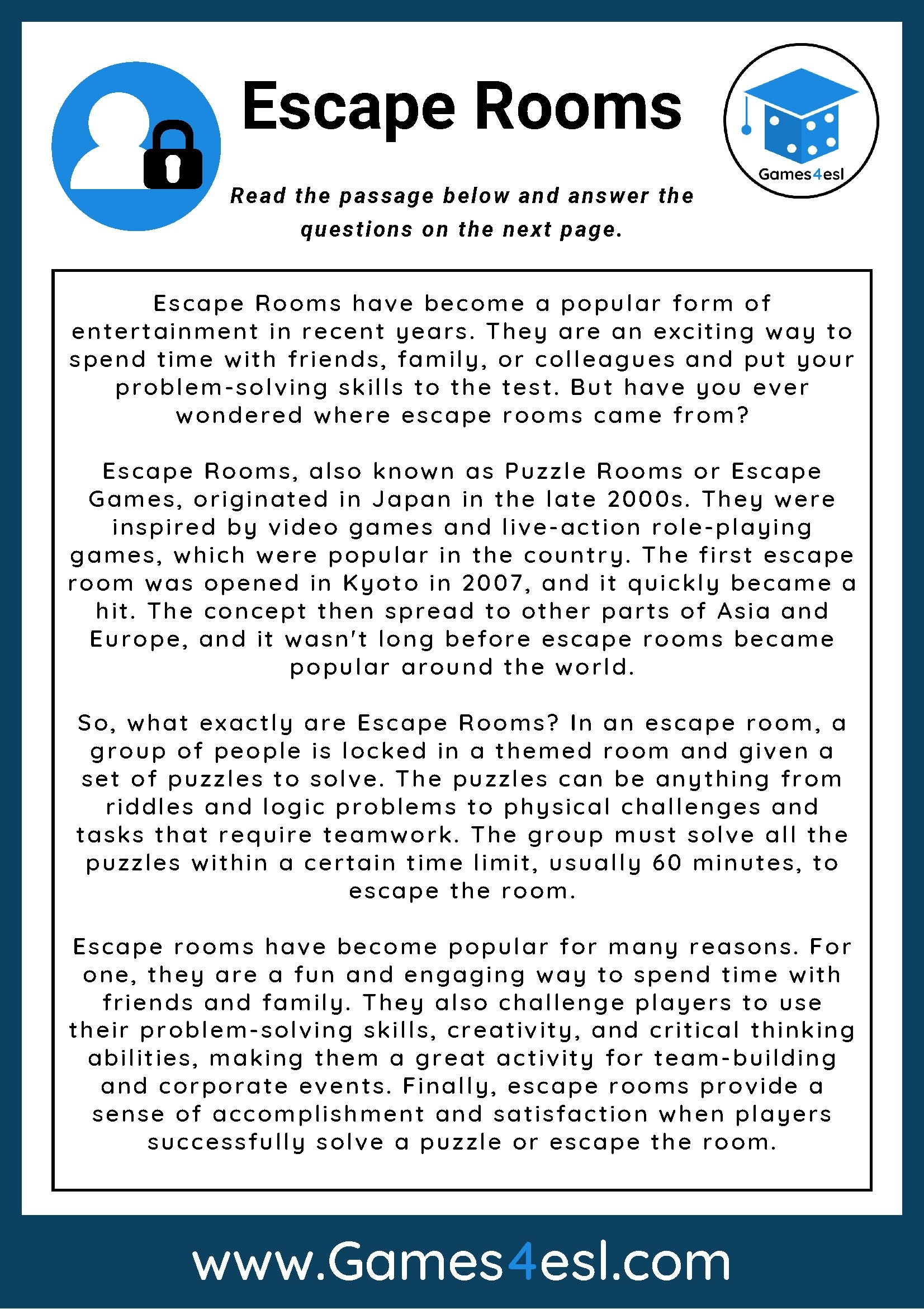 Escape Rooms Reading Comprehension Worksheet Games4esl