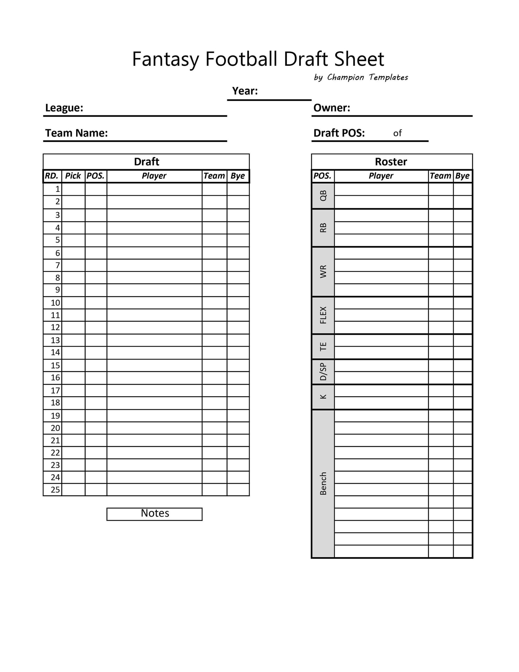Fantasy Football Printable Roster Sheets