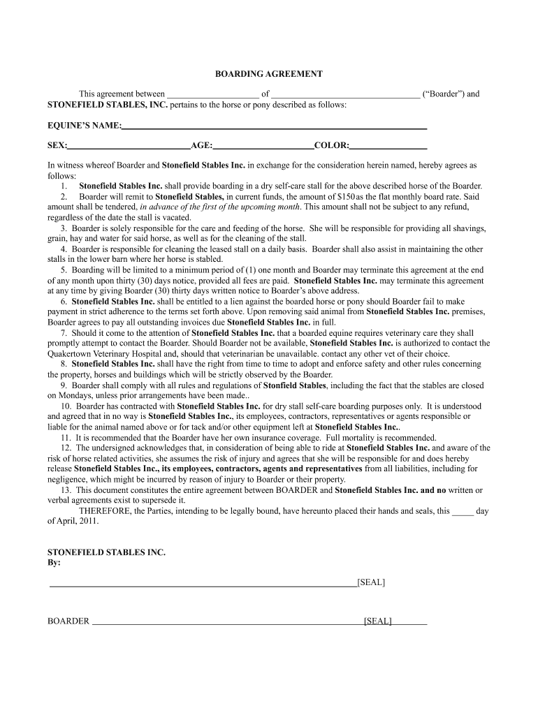 Fillable Online Massachusetts Equine Boarding Agreements Fax Email Print PdfFiller