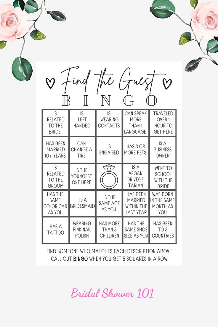 FIND THE GUEST BINGO Bridal Shower 101