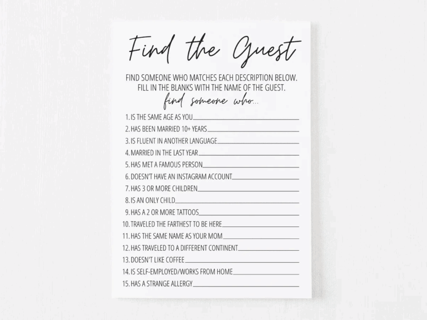 Find The Guest Bridal Shower Game Free Printable Modern MOH