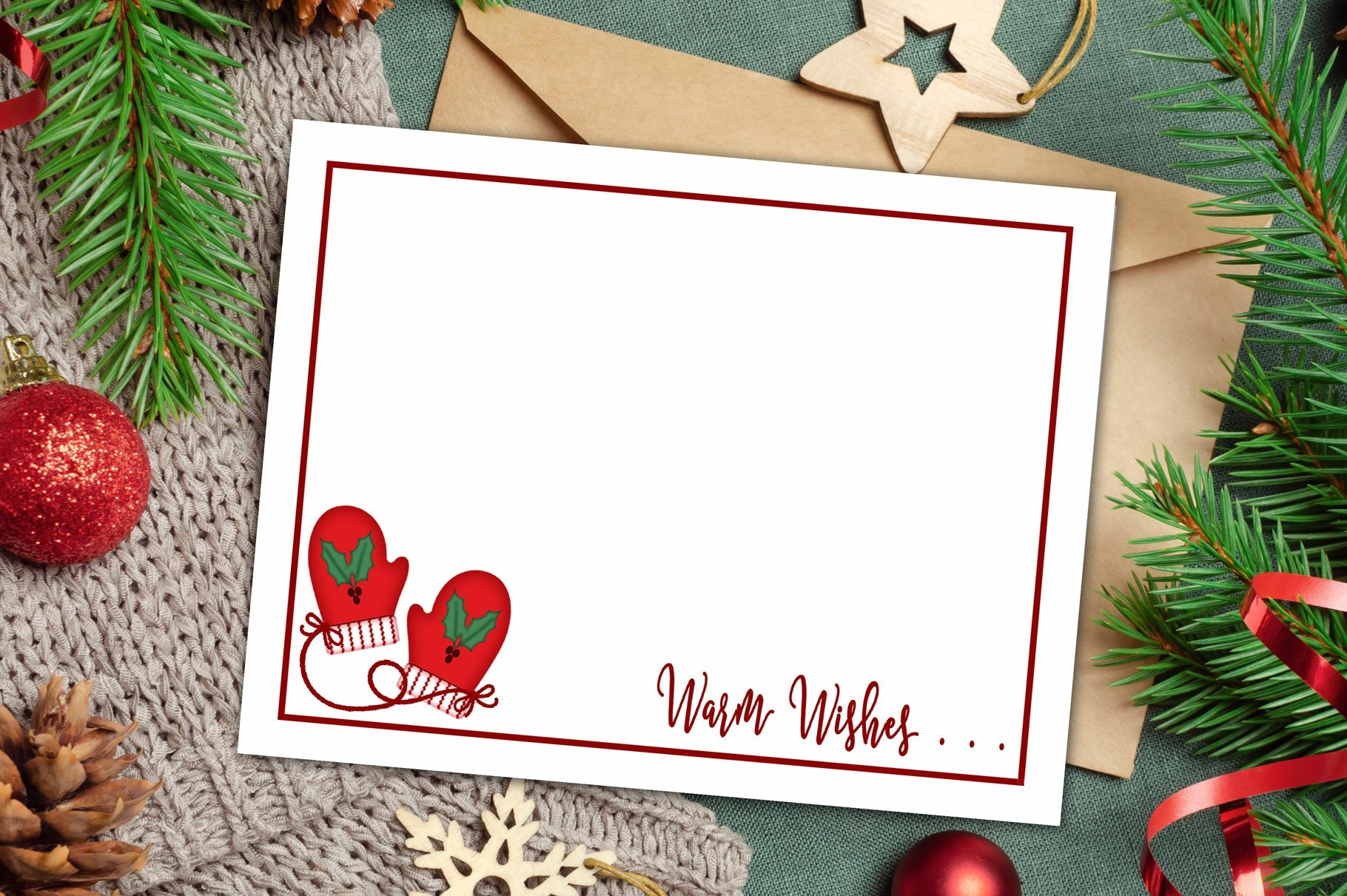 Flat Note Card Winter Mittens 1 Printable Card Set
