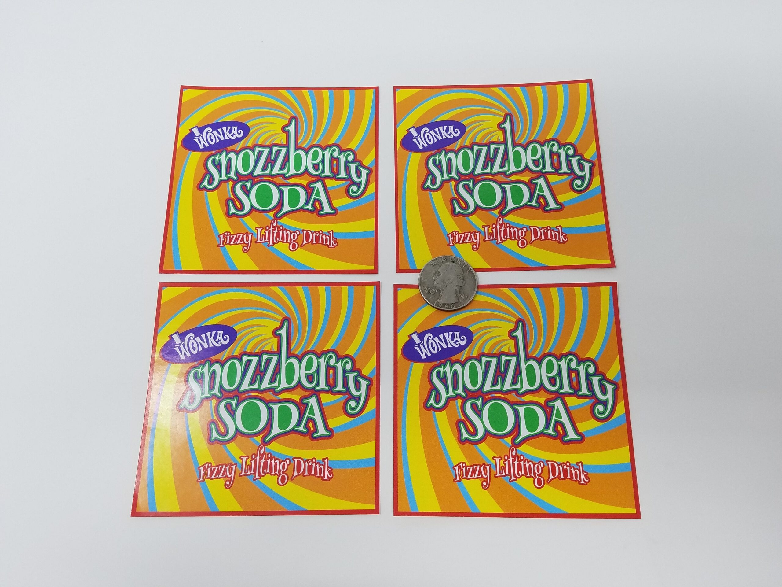 FOUR Small Willy Wonka Fizzy Lifting Drink Bottle Labels Snozzberry Soda FREE SHIPPING Etsy UK