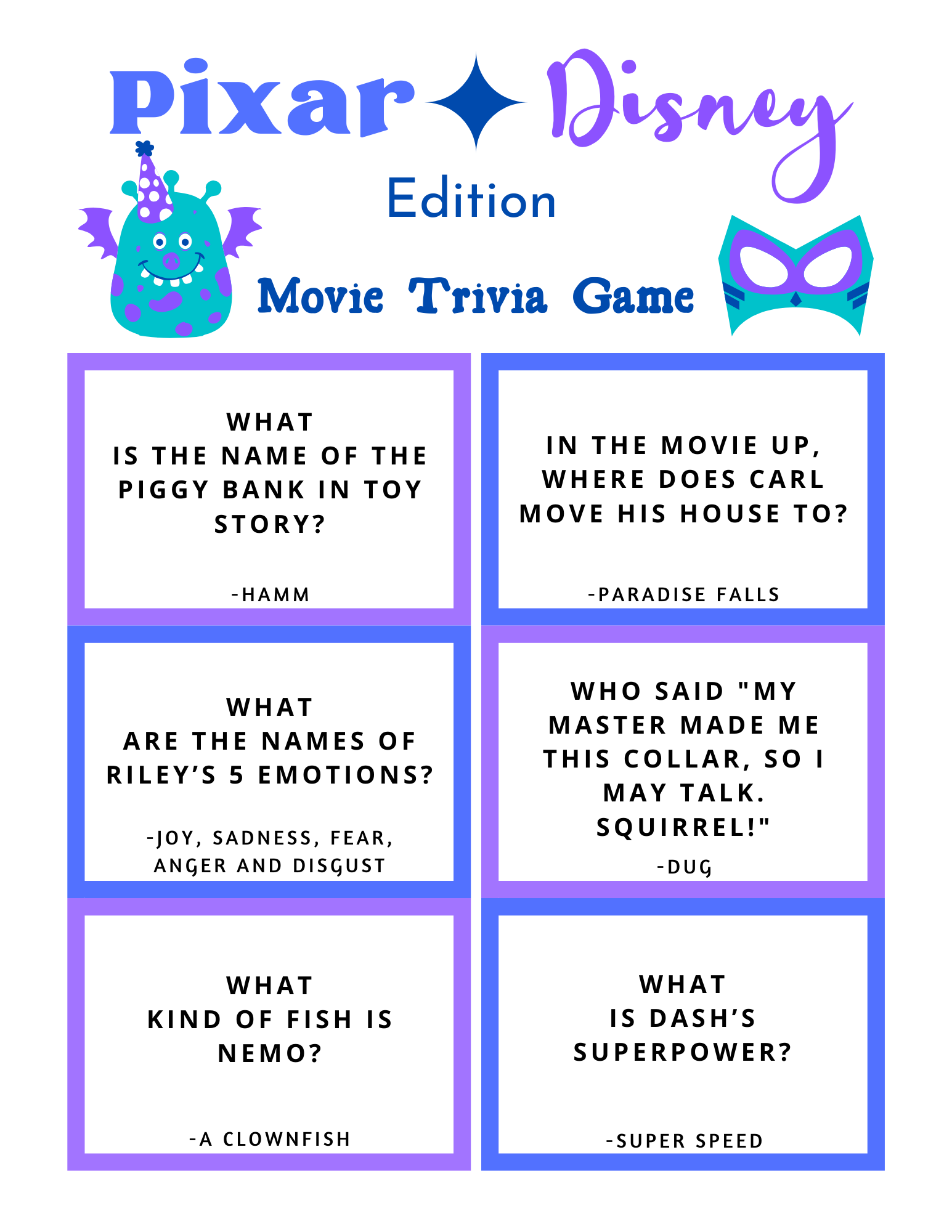 FREE Disney Pixar Trivia Game Printable For Kids And Grown Ups