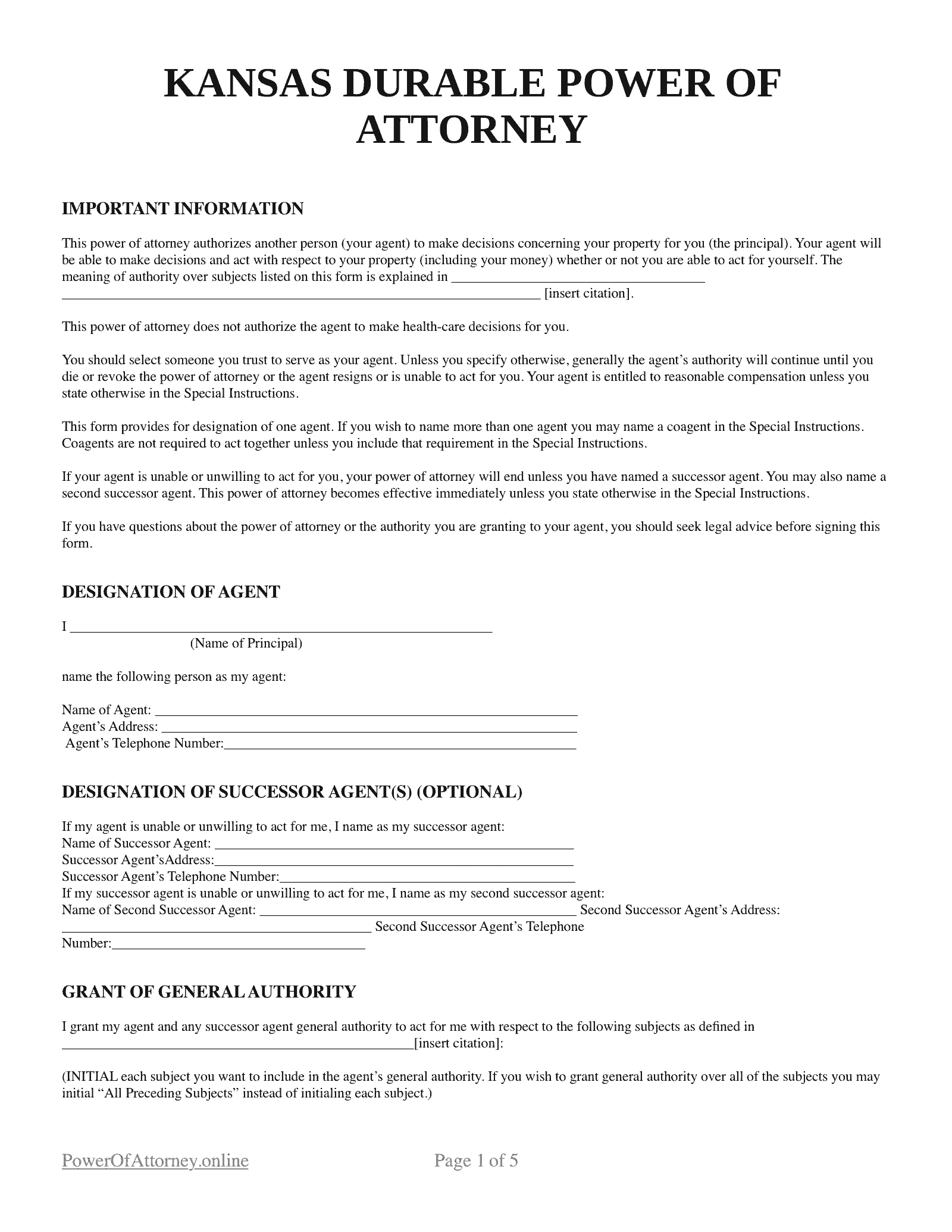 Free Kansas KS Power Of Attorney Forms Templates PDF
