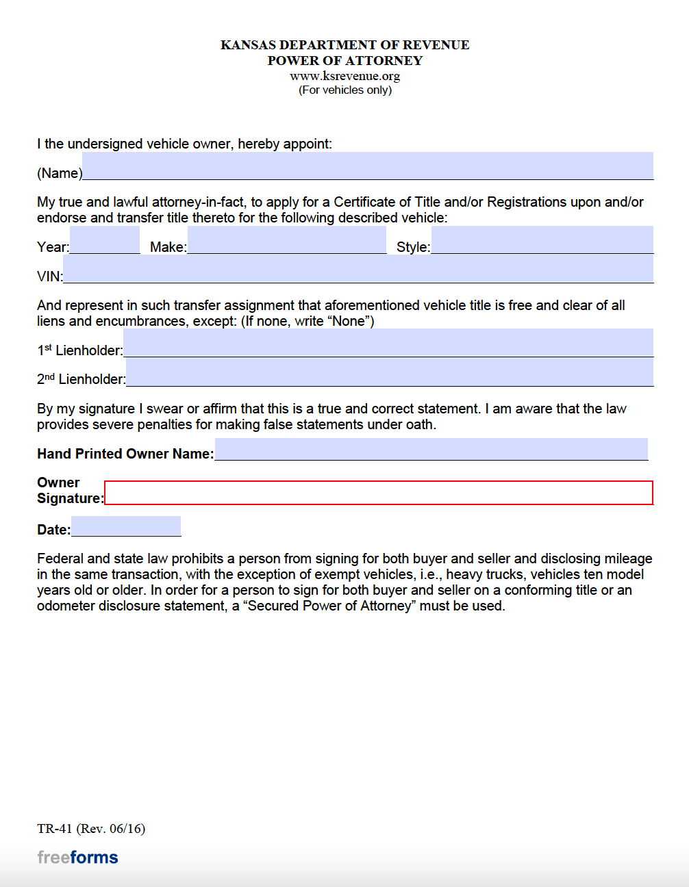 Free Kansas Motor Vehicle Power Of Attorney Form PDF