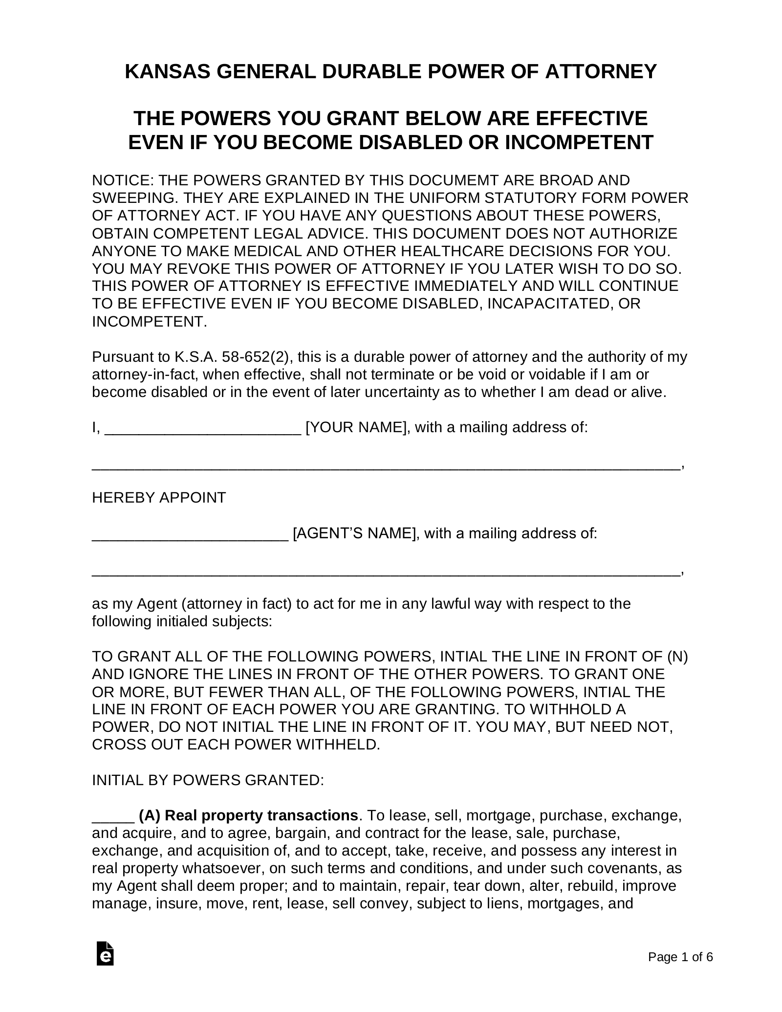 Free Kansas Power Of Attorney Forms 10 Types PDF Word EForms