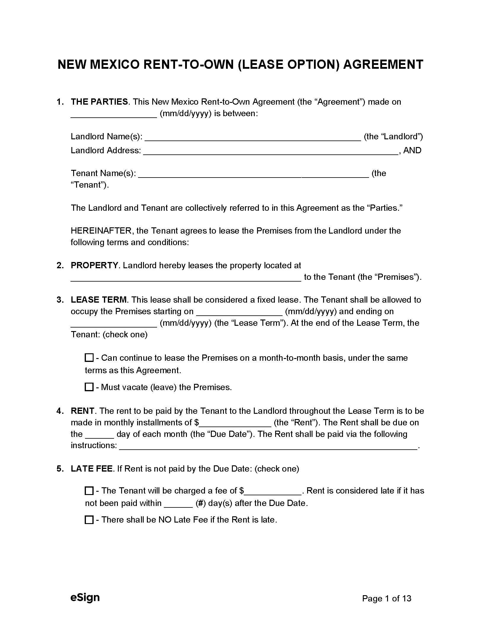 Printable Rent To Own Agreement