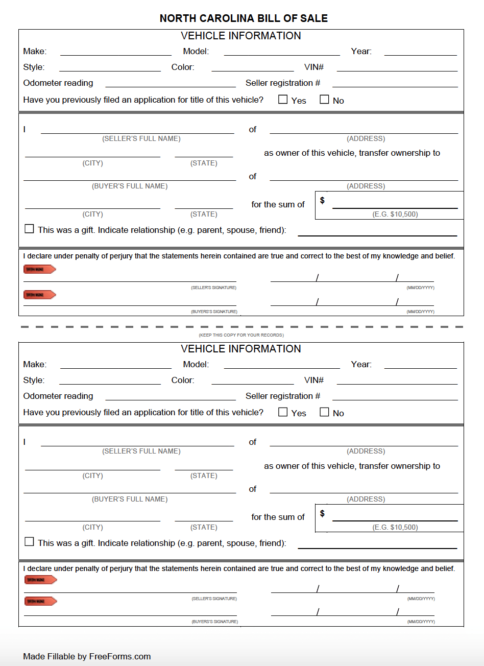 Free North Carolina Motor Vehicle DMV Bill Of Sale Form PDF