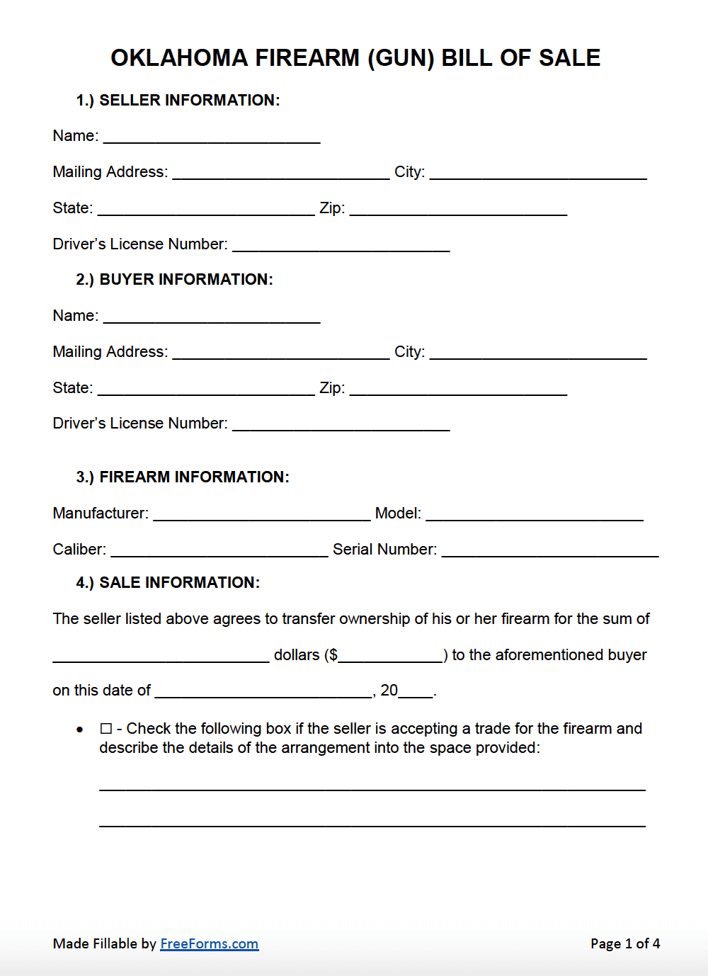 Free Oklahoma Firearm Gun Bill Of Sale Form PDF Word