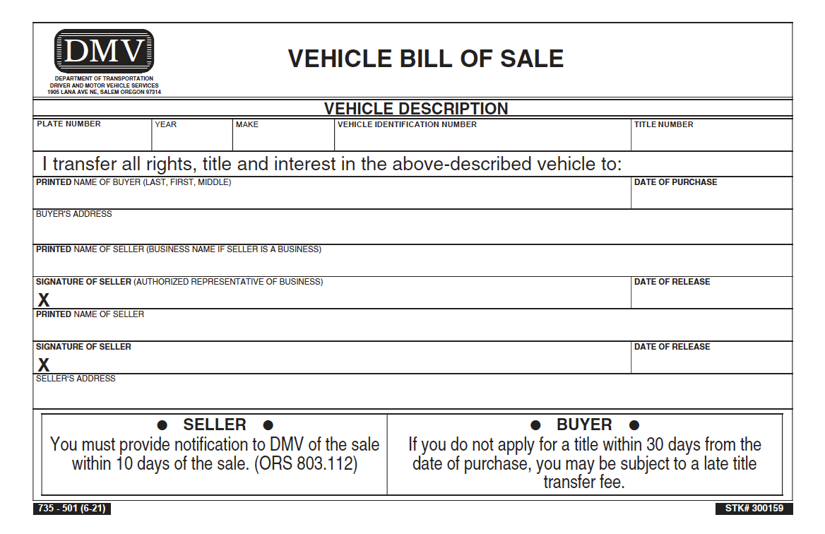 Free Oregon Motor Vehicle Bill Of Sale Form PDF