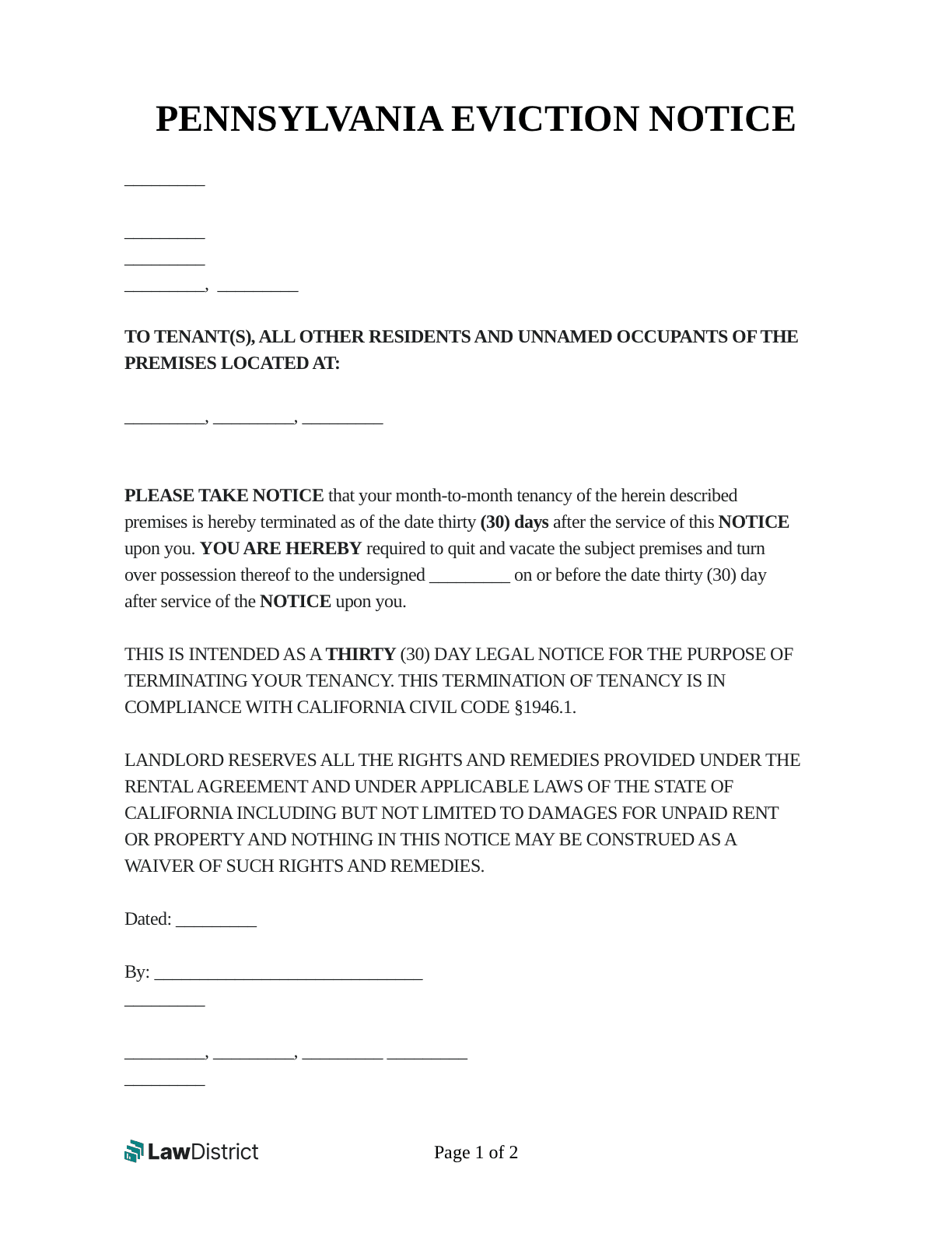 Free Printable Eviction Notice Pa