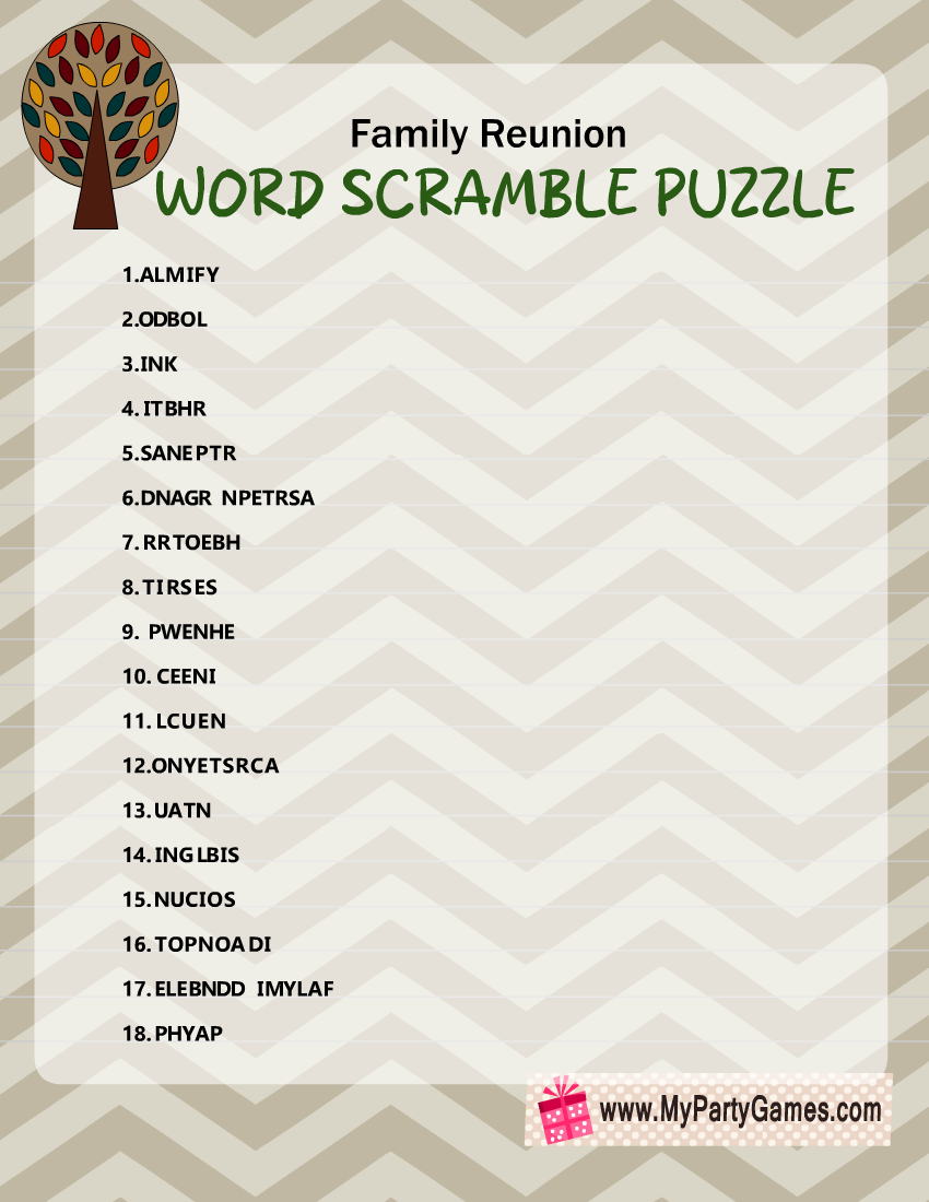Free Printable Family Reunion Word Scramble Puzzle