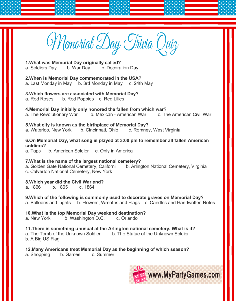 Free Printable Memorial Day Trivia Quiz With Answer Key