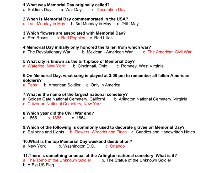 Free Printable Memorial Day Trivia Quiz With Answer Key