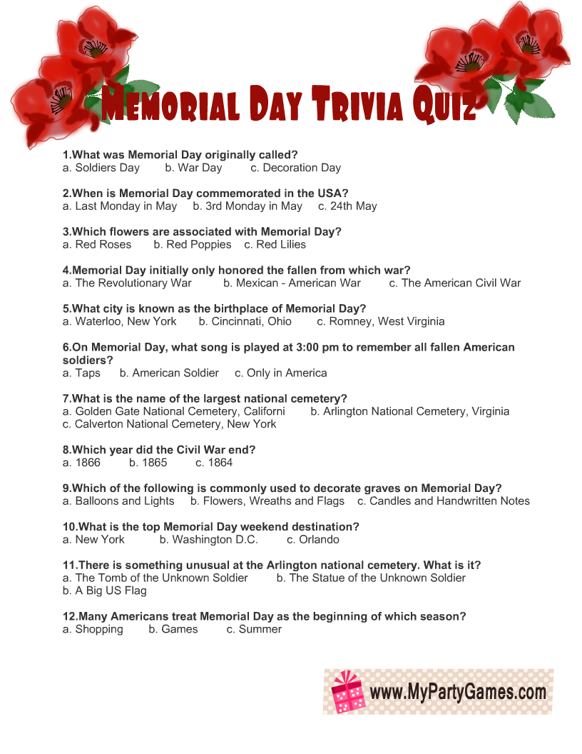 Free Printable Memorial Day Trivia Quiz With Answer Key Worksheets Library