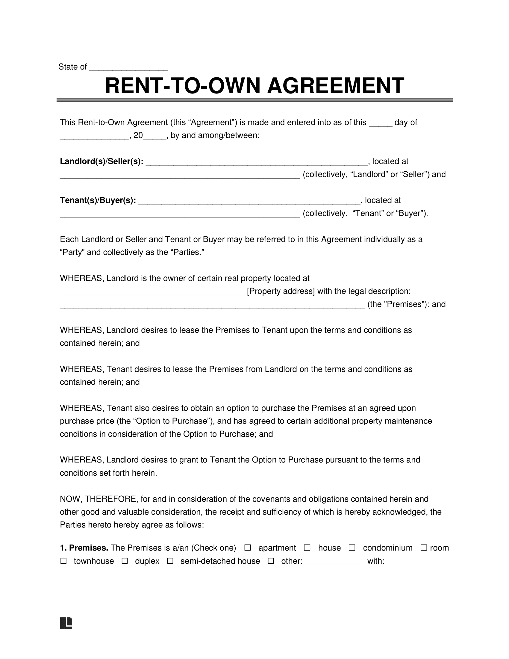 Free Rent to Own Lease Agreement Template PDF Word