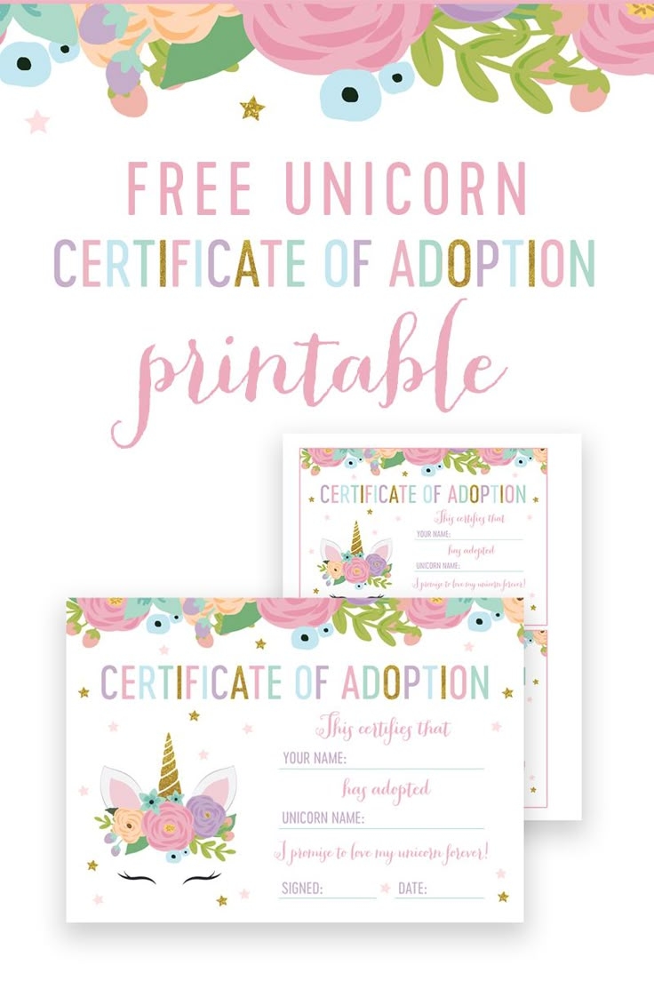 Free Unicorn Birthday Certificate Of Adoption Printable Instant Download