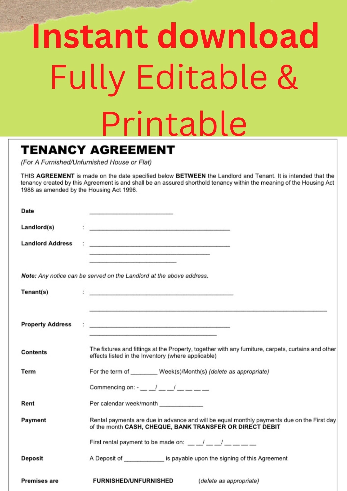 Fully Editable Tenancy Agreement 2025 Rental Agreement Printable Easy And Simple Etsy UK