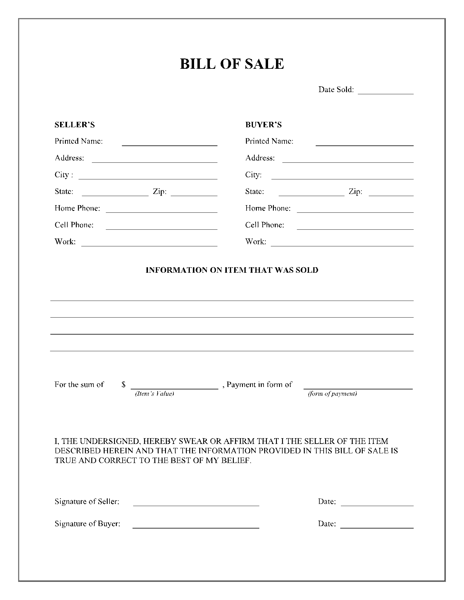Printable Simple Bill Of Sale For Car