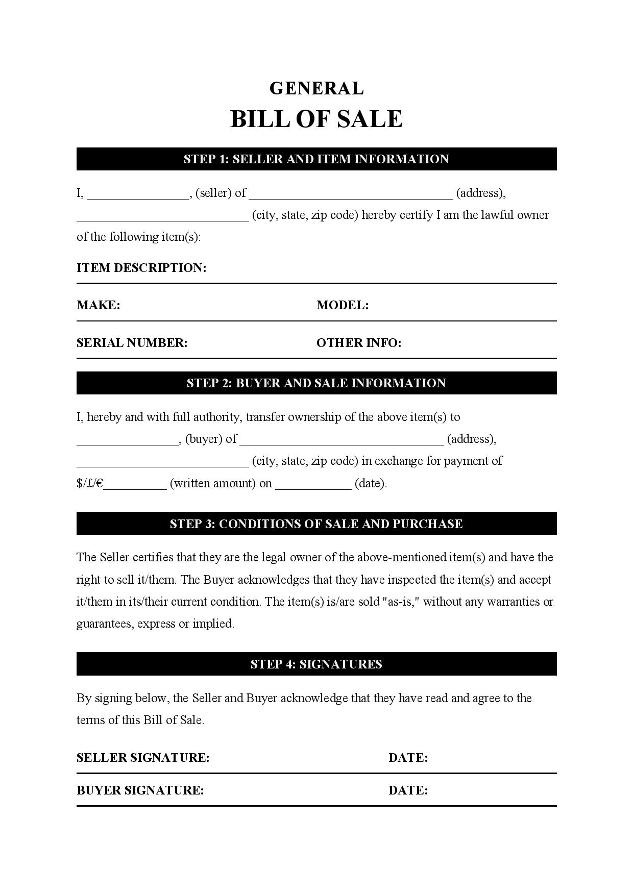 Bill Of Sale Printable Free