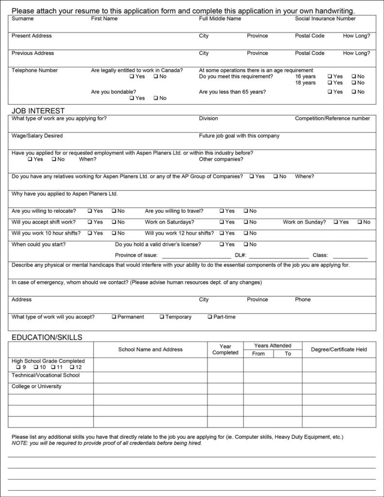 Free Printable Job Application Form