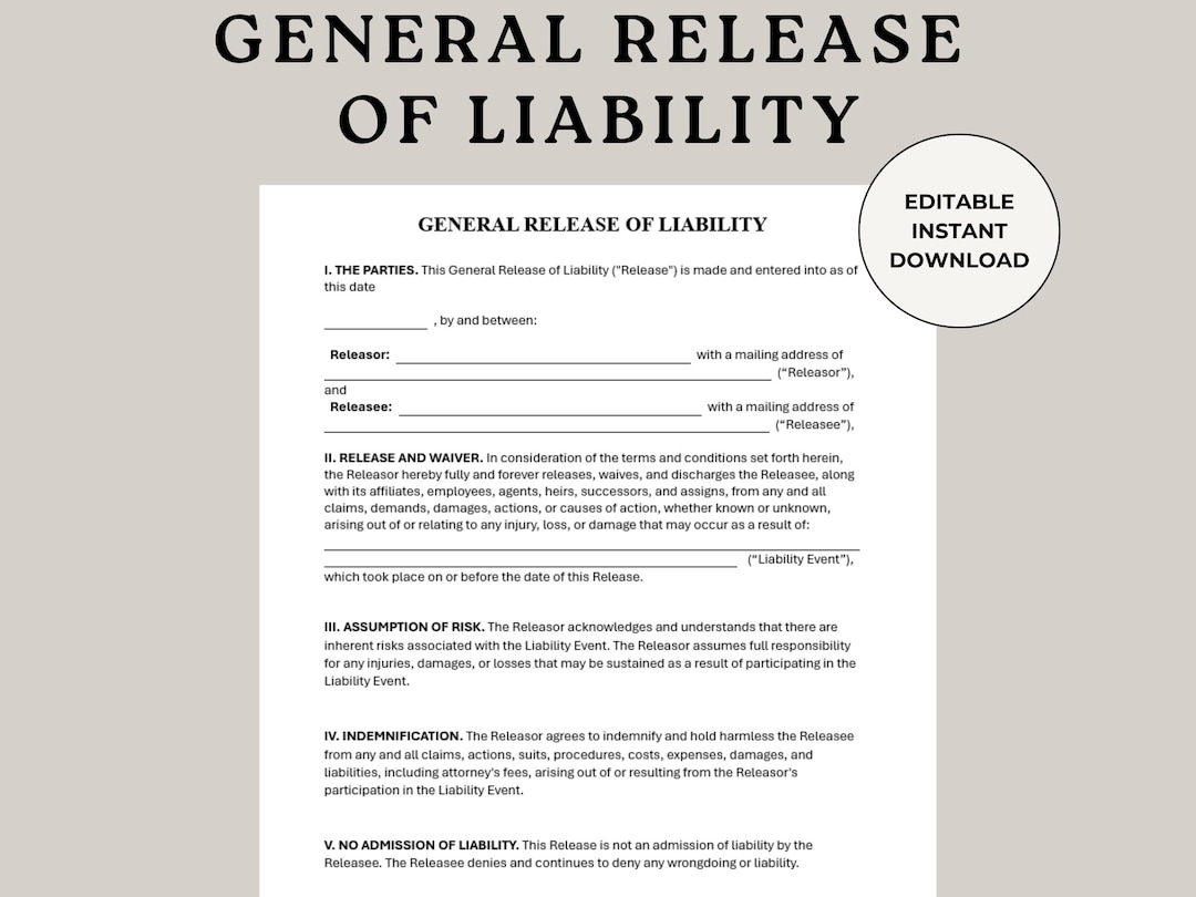General Release Of Liability General Liability Hold Harmless Informed Consent Indemnity Waiver Liability Form Damage Waiver Form Etsy