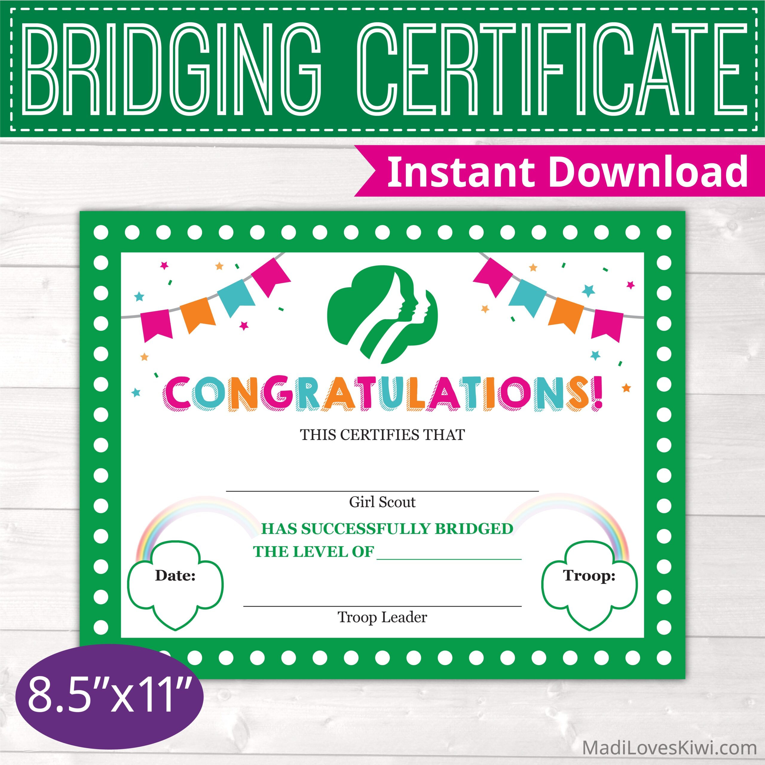 Girl Scout Bridging Certificate Instant Download All Levels Daisy Brownie Junior Ceremony Madi Loves Kiwi Digital Downloads