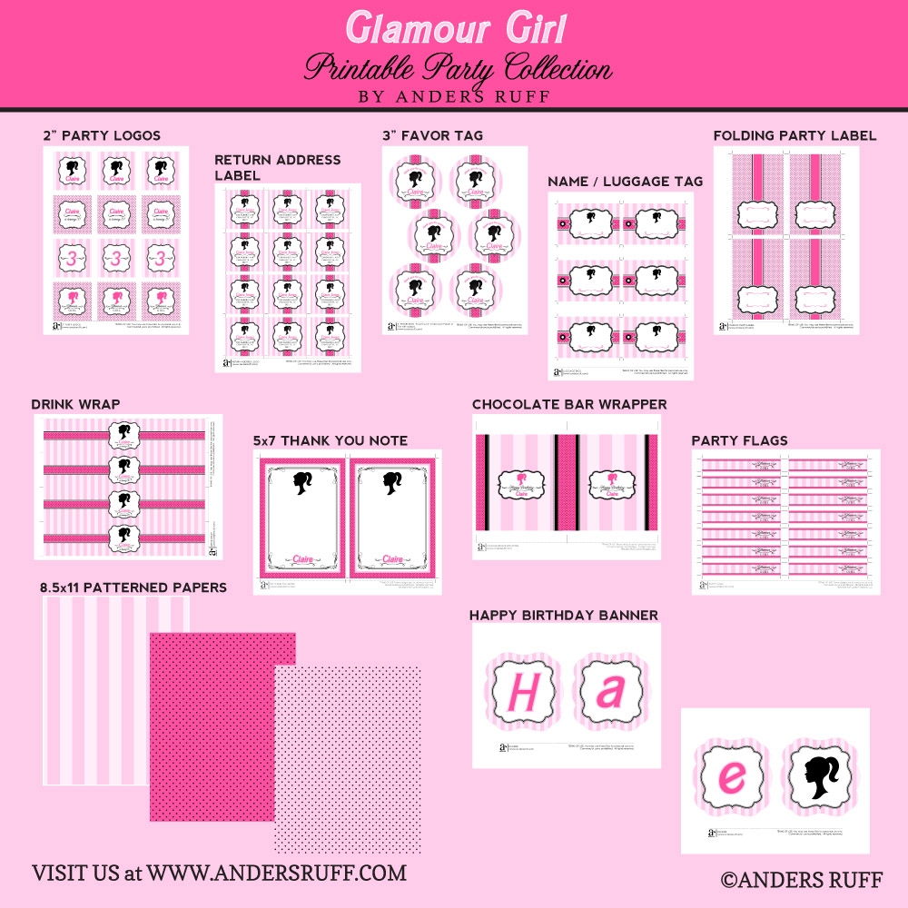 Glamour Girl Doll Inspired Birthday Party Printables Collection