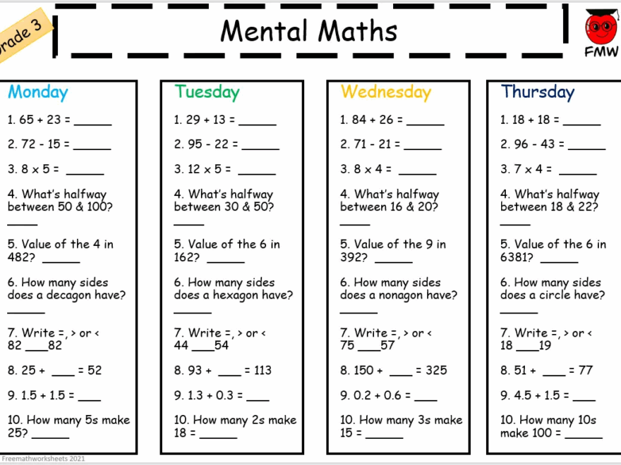 Grade 3 Mental Math Worksheets Free Worksheets Printables