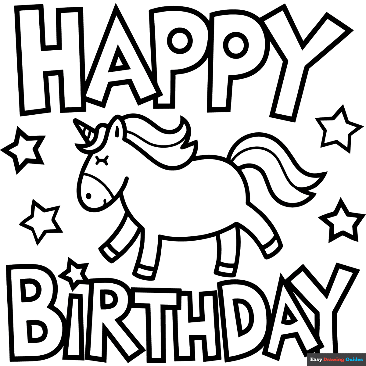 Happy Birthday Card Happy Unicorn Coloring Page Easy Drawing Guides