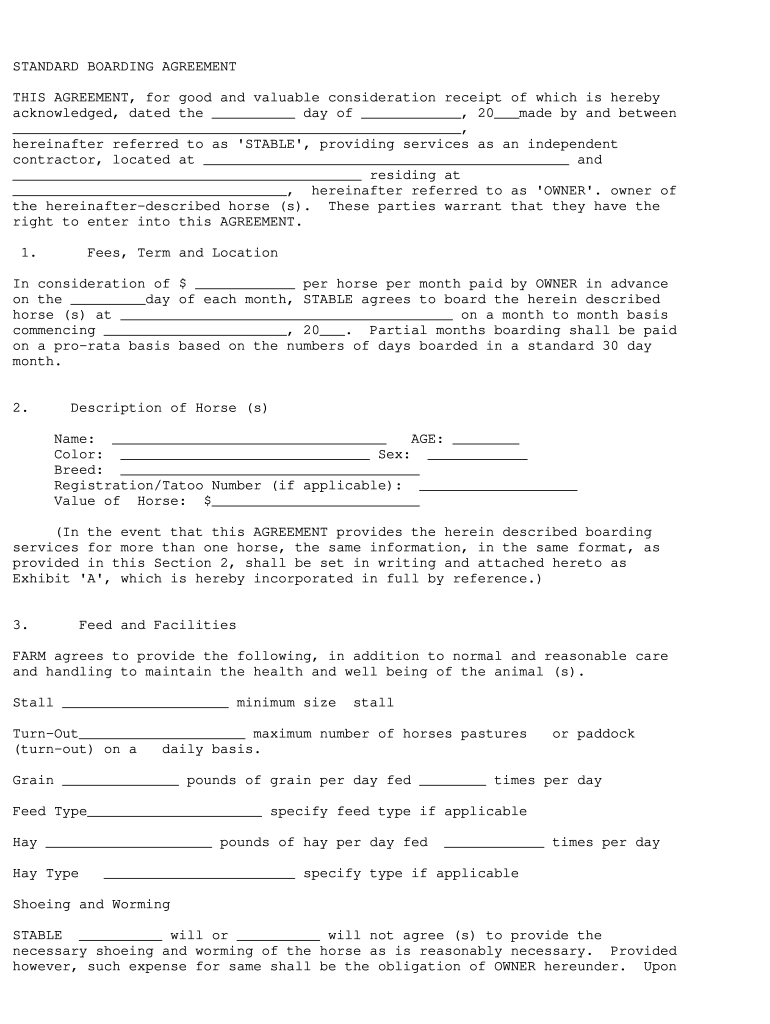 Horse Boarding Agreement Pdf Fill Online Printable Fillable Blank PdfFiller