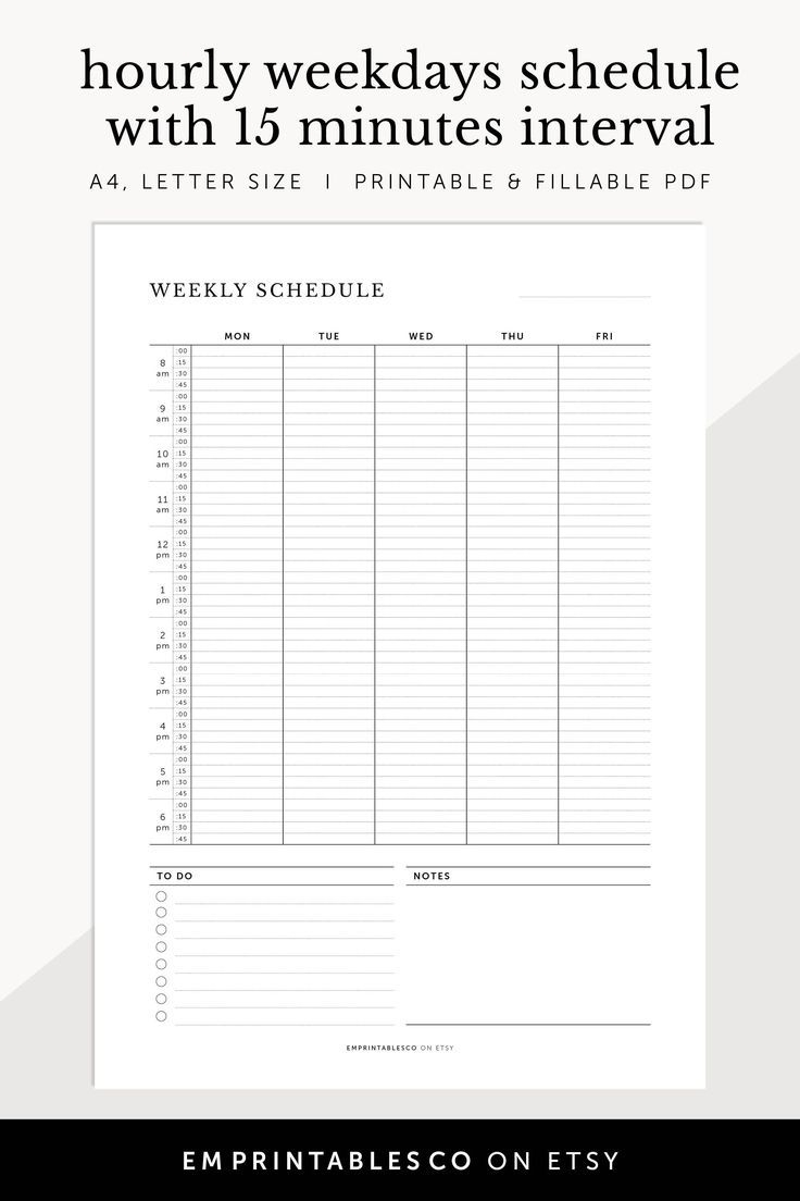 Hourly Weekdays Schedule 15 Minutes Interval Appointments Tracker To Do List Printable A4 Letter