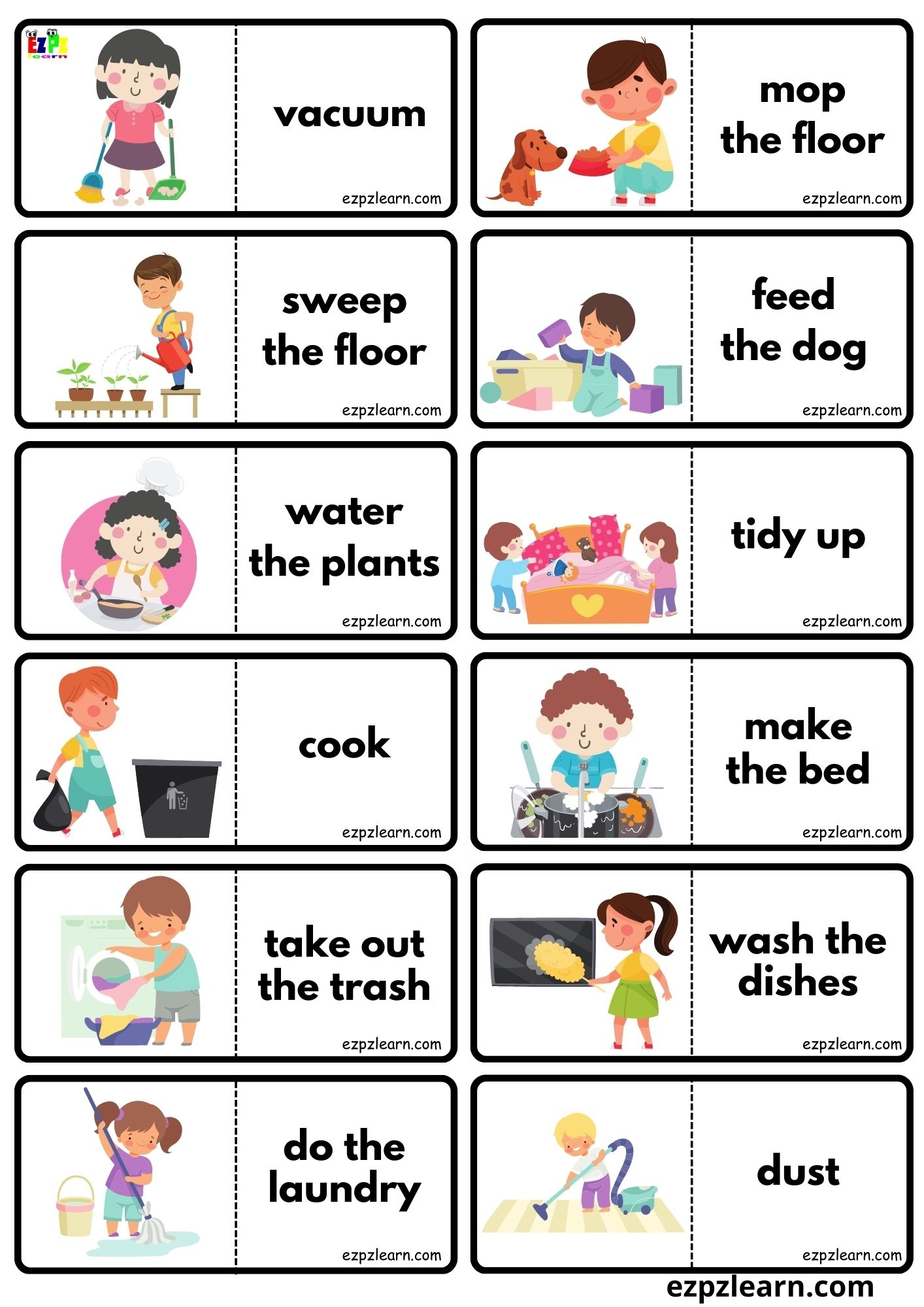 Household Chores Vocabulary Dominoes Matching Game For Kids Free PDF Download Ezpzlearn
