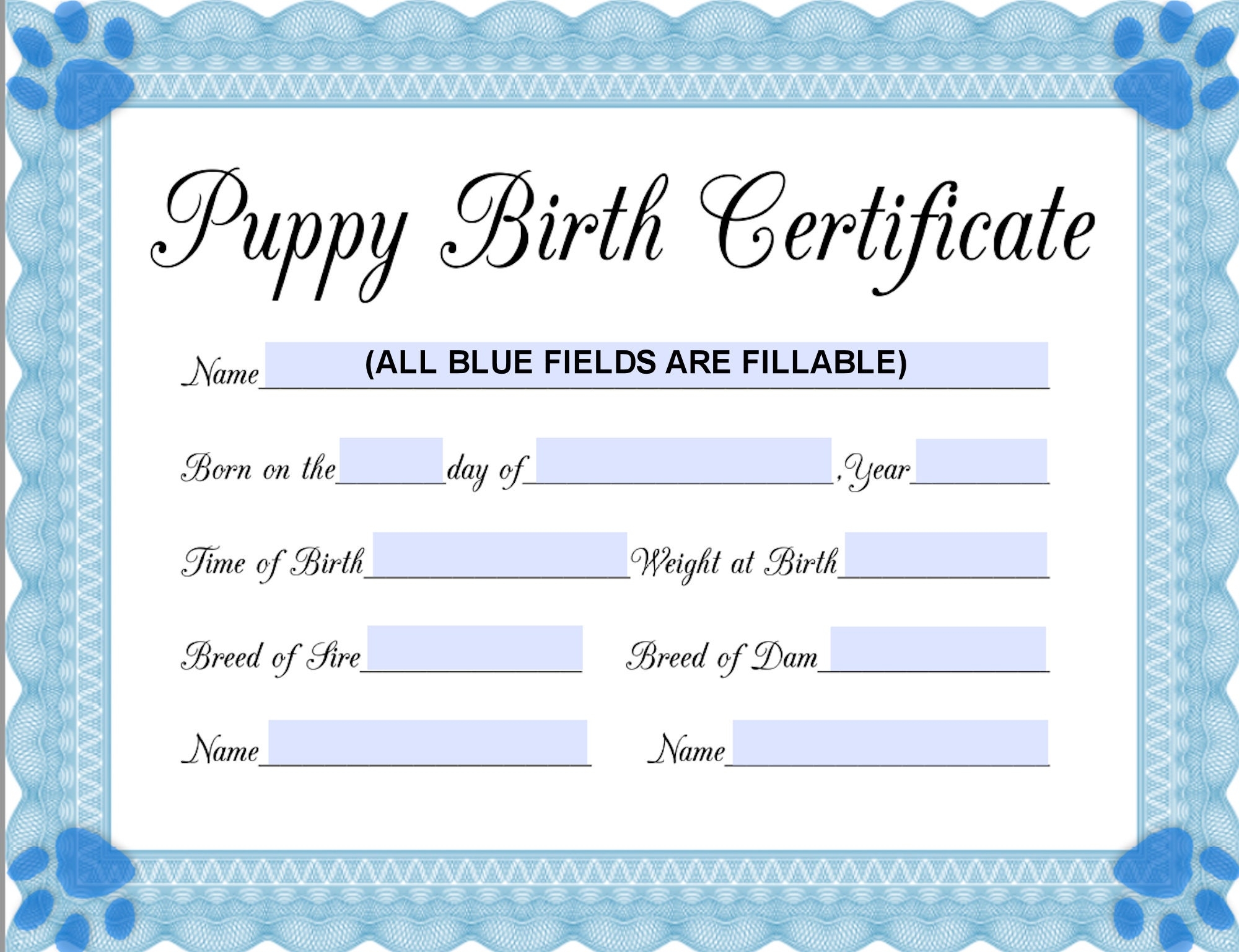 INSTANT Fillable Printable PDF Puppy Birth Certificate blue male Printable 8 5x11 4950px3825px450dpi Jpg BOTH Included Etsy Australia