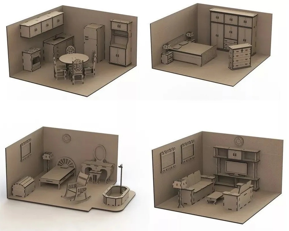  Laser Cut Dollhouse Kit Mini Furniture Cnc Cdr Free 3D File For Cults
