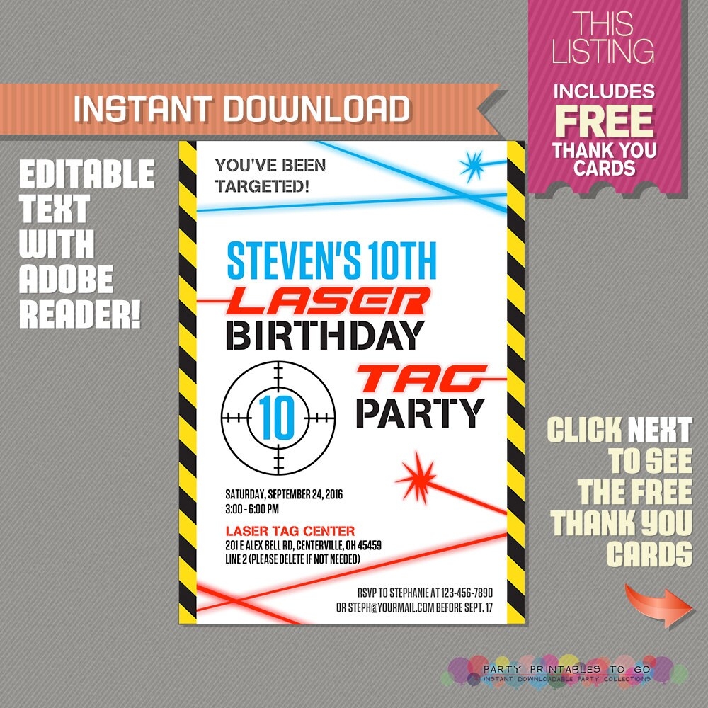 Laser Tag Invitation With FREE Thank You Card Laser Tag Party Instant Download Edit And Print At Home With Adobe Reader Etsy UK