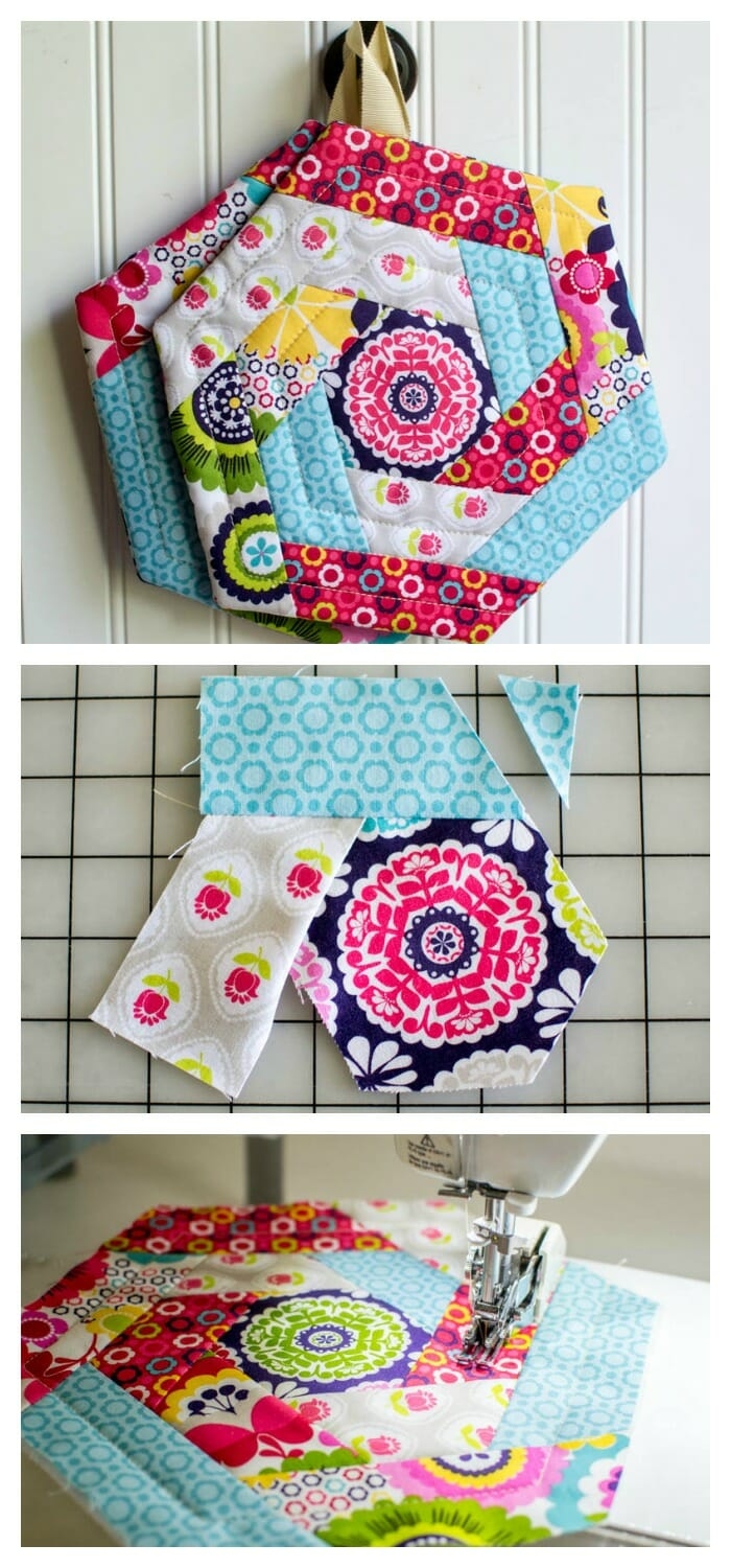 Log Cabin Hexagon Potholder Free Sewing Pattern