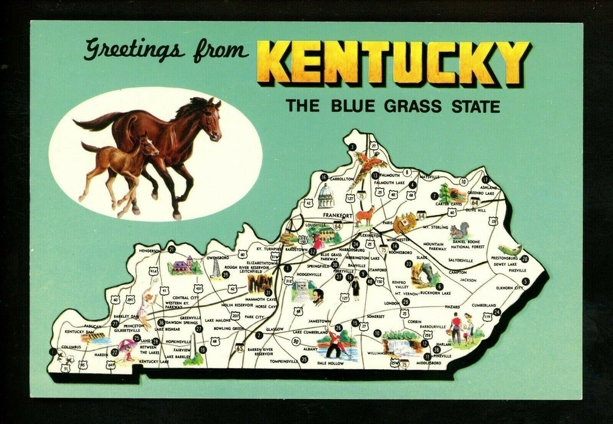 Map Greetings Postcard Kentucky KY Blue Grass State Horse Racing Chrome EBay