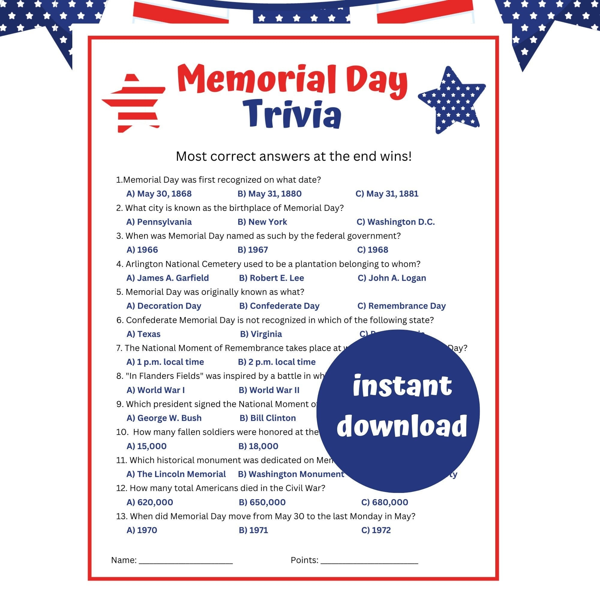 Memorial Day Trivia Questions And Answers Printable