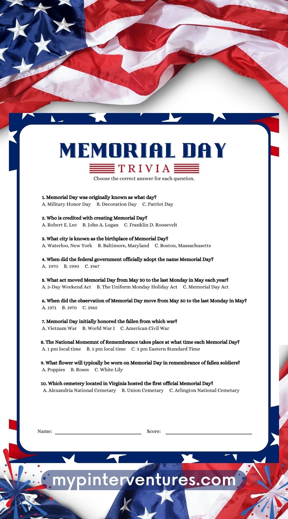 Memorial Day Trivia Game A Free Printable My Pinterventures